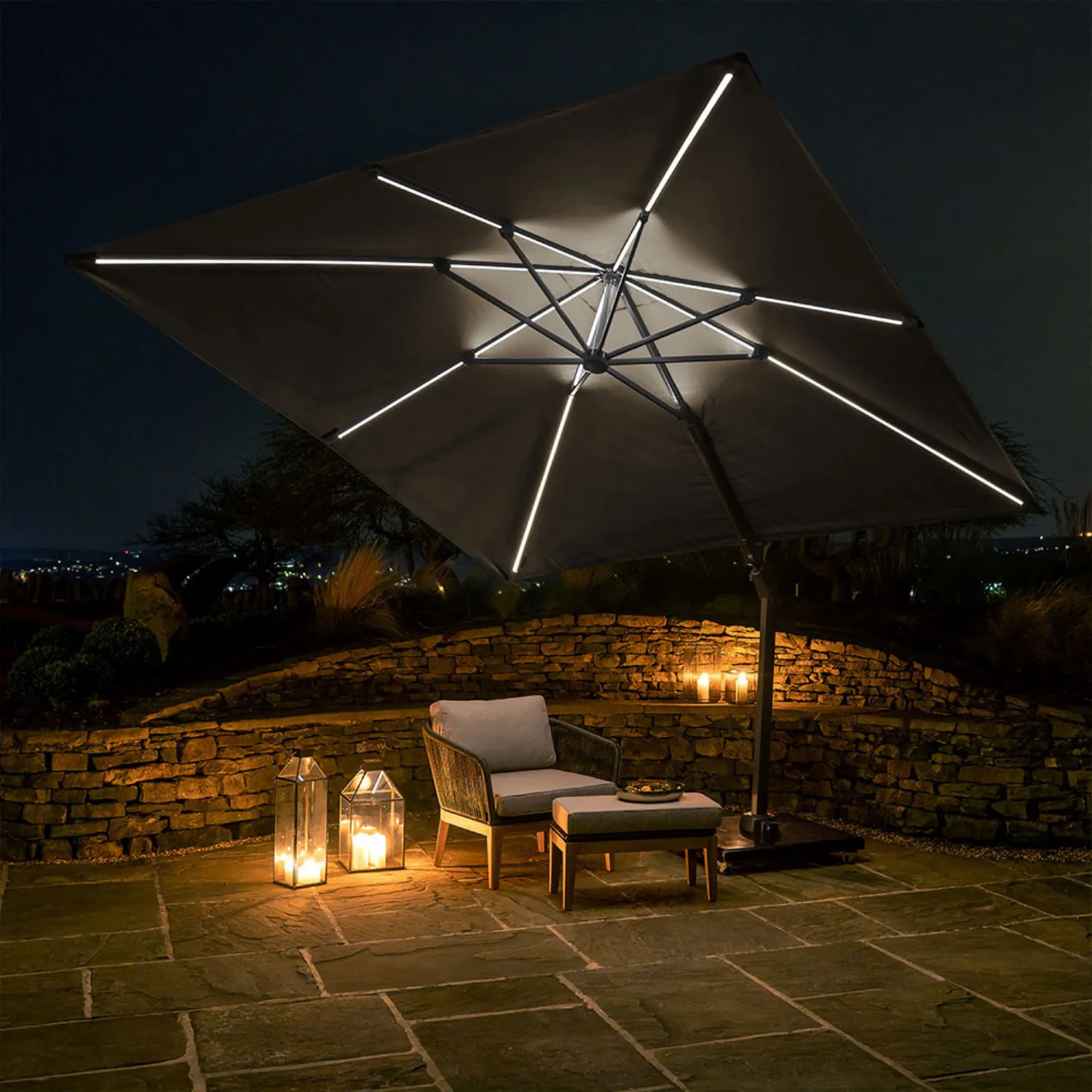 3m Square Grey Outdoor Premium Parasol with LED lighting