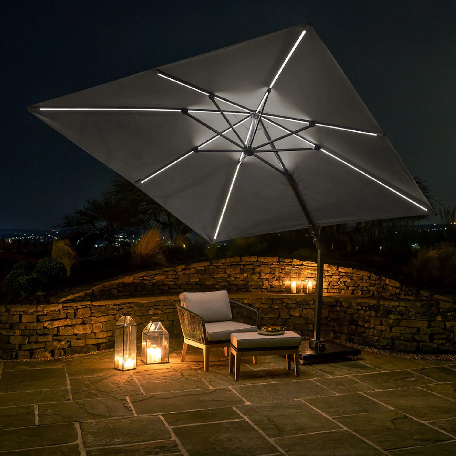 3m Square Light Grey Premium Outdoor Parasol LED lighting