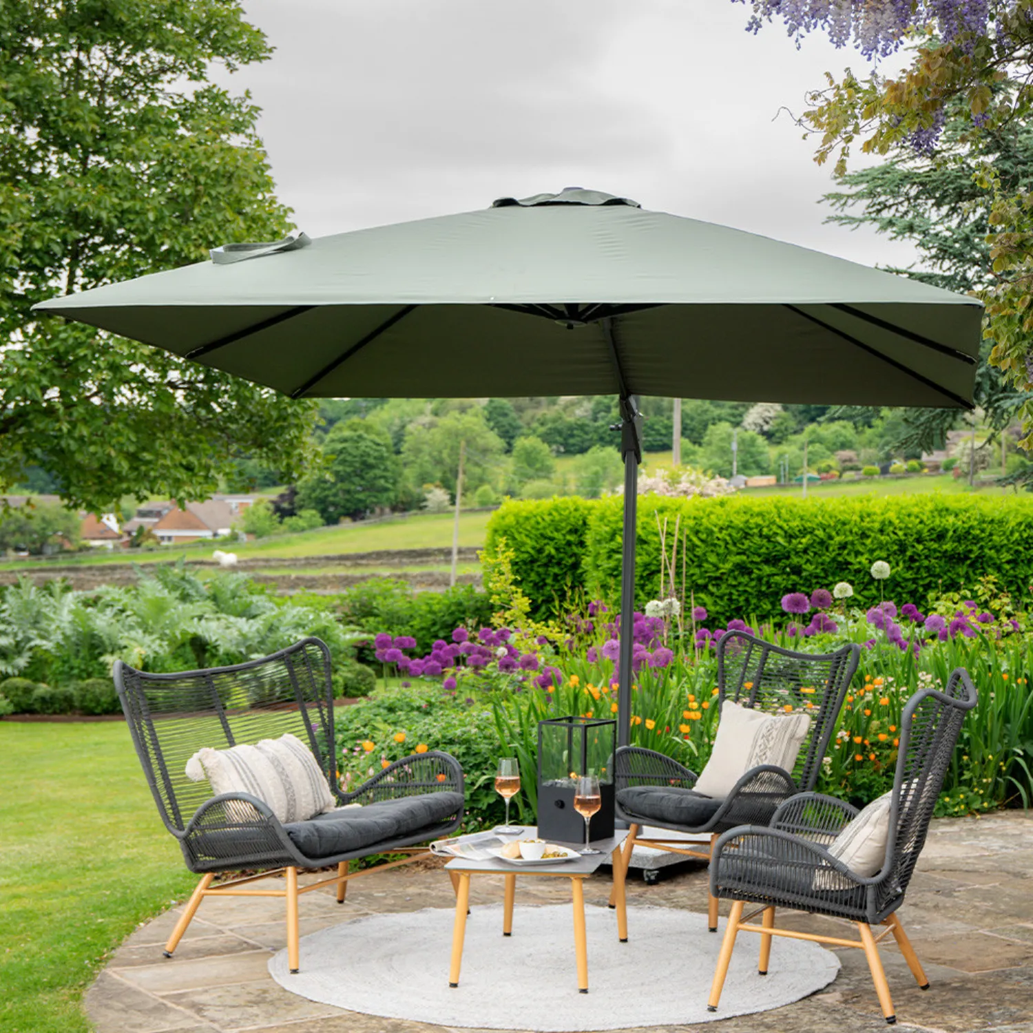 Olive Green Polyester 3m Square Cantilever Outdoor Parasol
