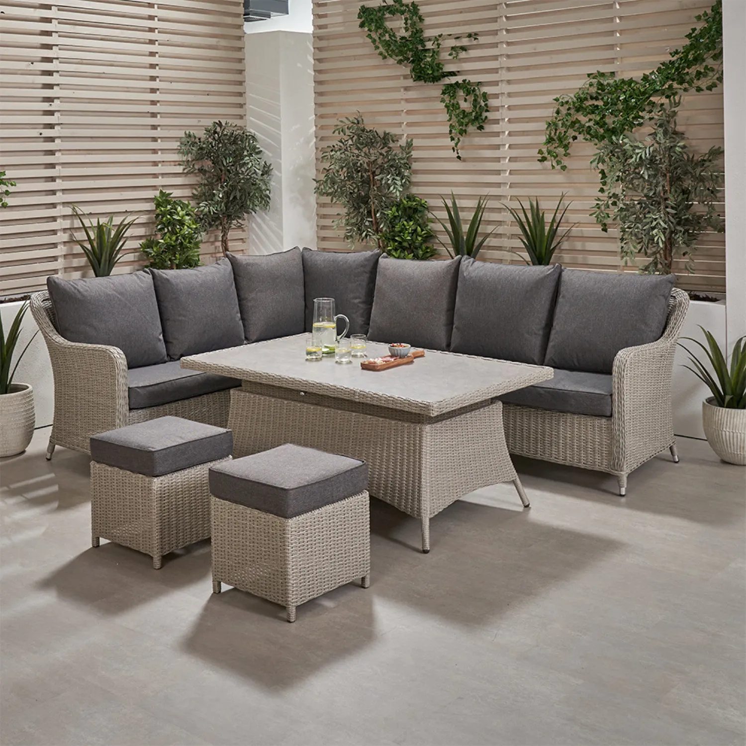 Grey Rattan Garden Corner Dining Sofa Set with Rising Table