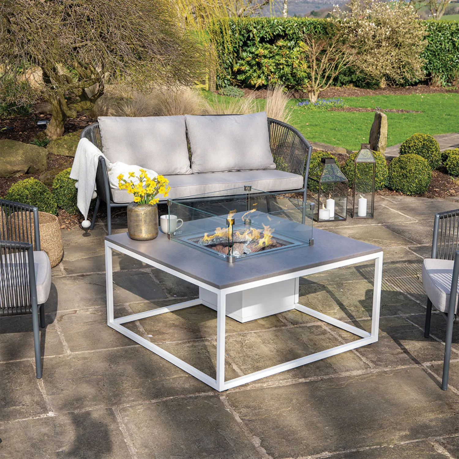 White and Grey Metal Garden Square Fire Pit Table 100cm