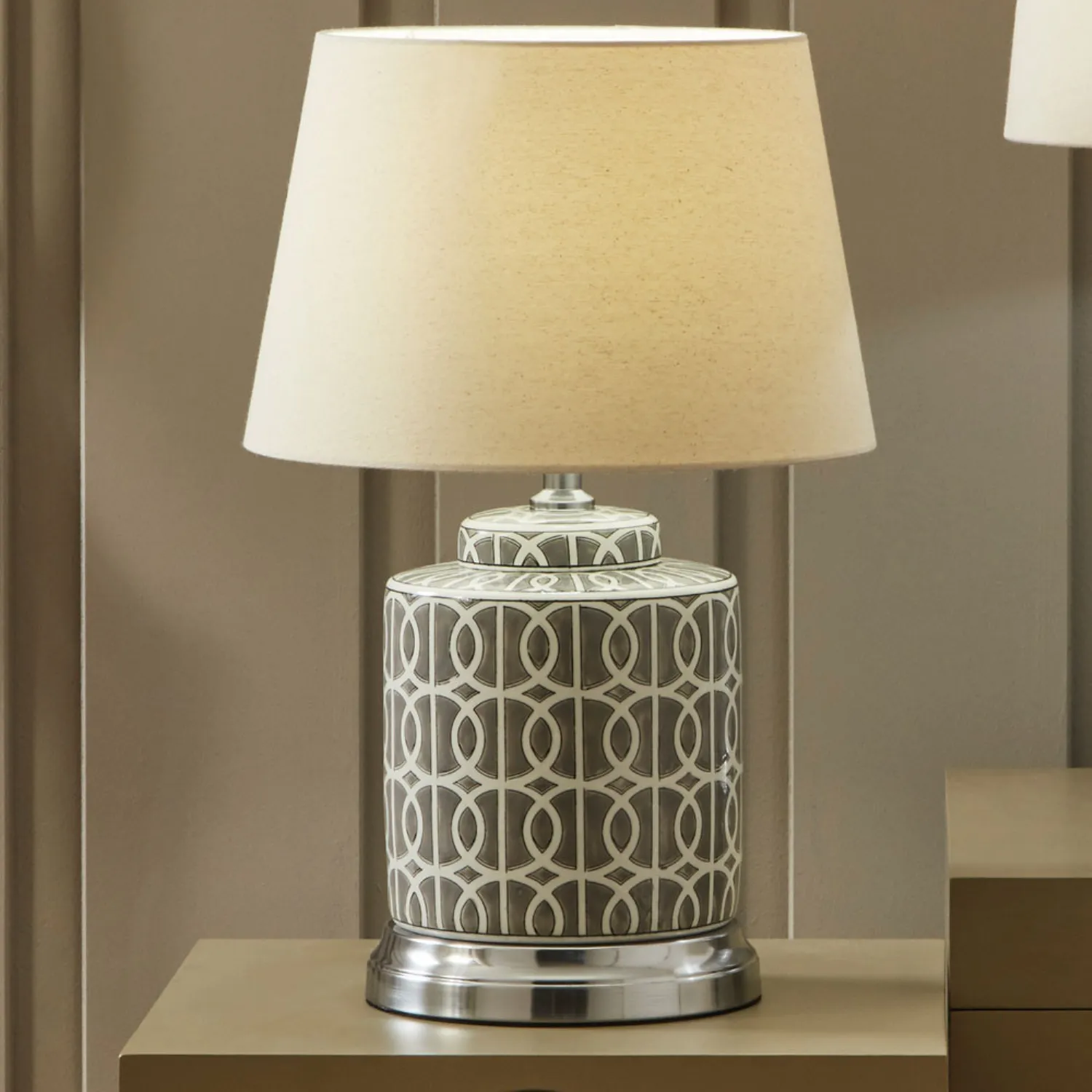 Grey and White Ceramic Table Lamp Metal Base and Cream Shade