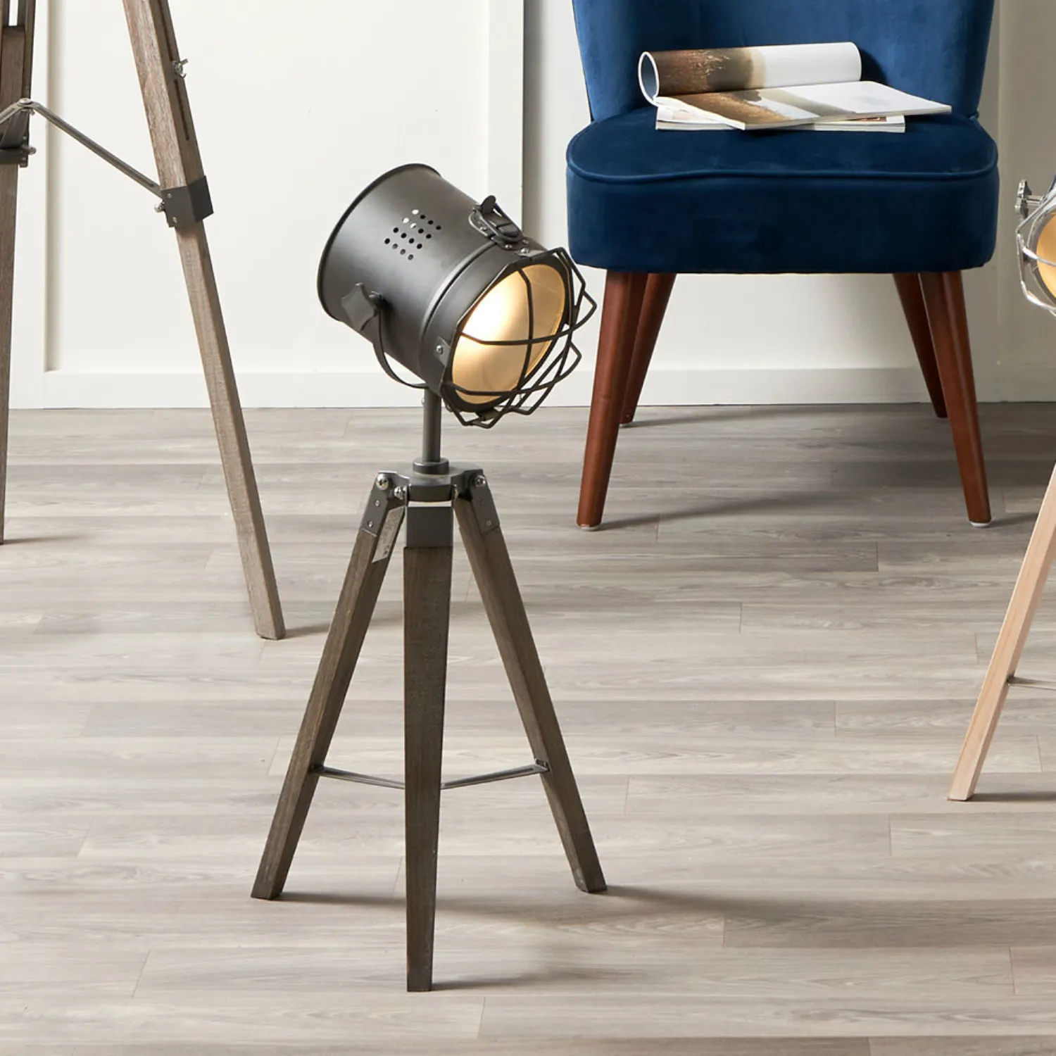 Grey Metal And Antique Wood Marine Tripod Table Lamp