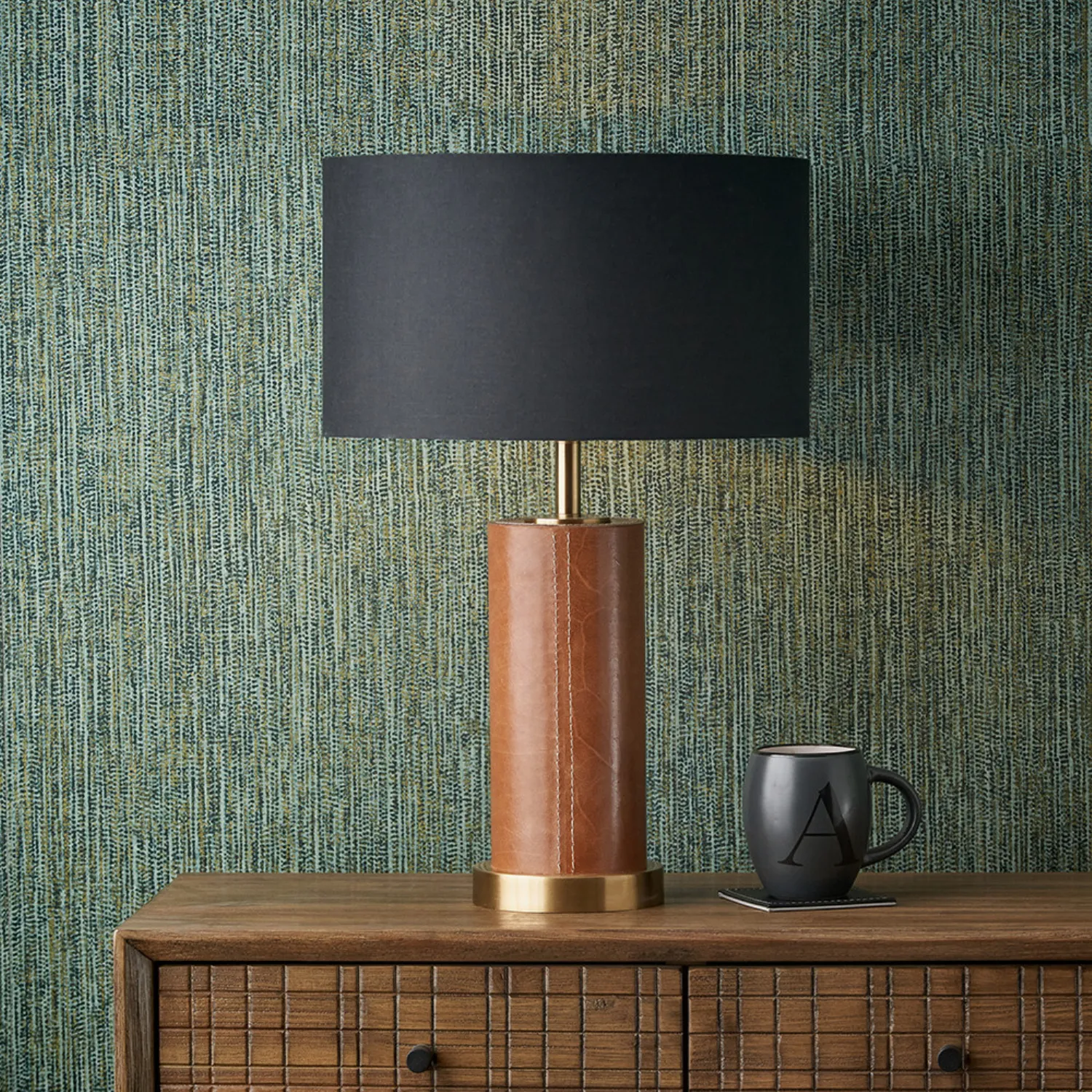 Tan Leather and Brass Metal Cylindrical Table Lamp Base Only