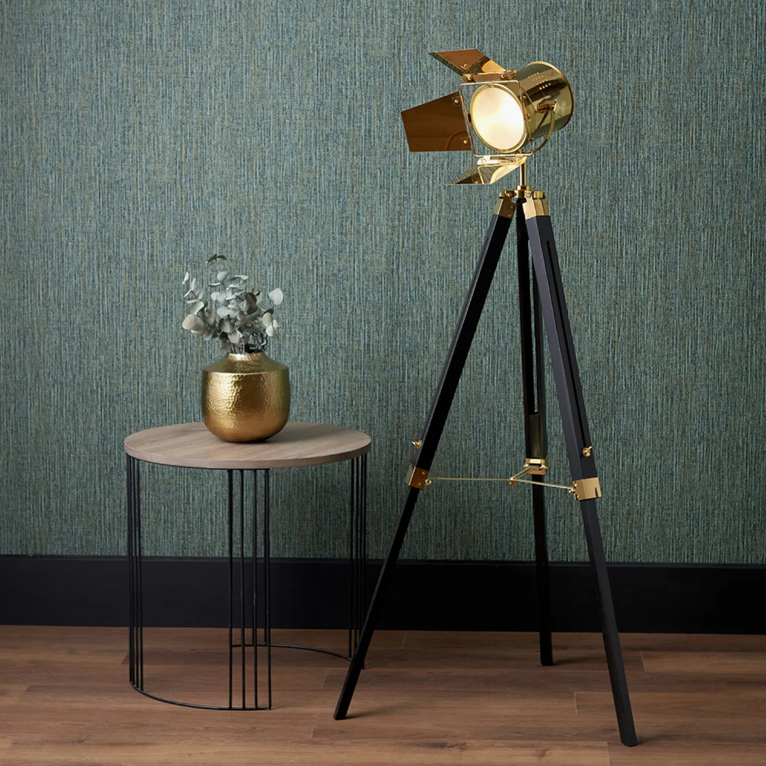 Gold and Black Tripod Hollywood Style Floor Lamp