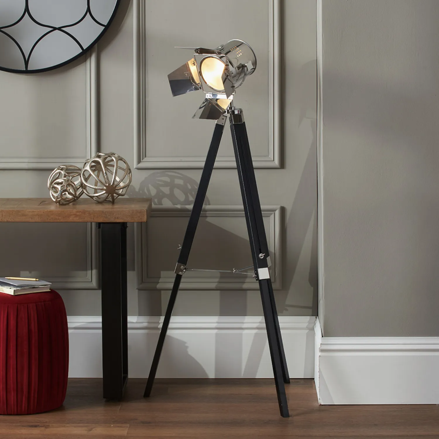 Silver and Black Metal Tripod Hollywood Style Floor Lamp