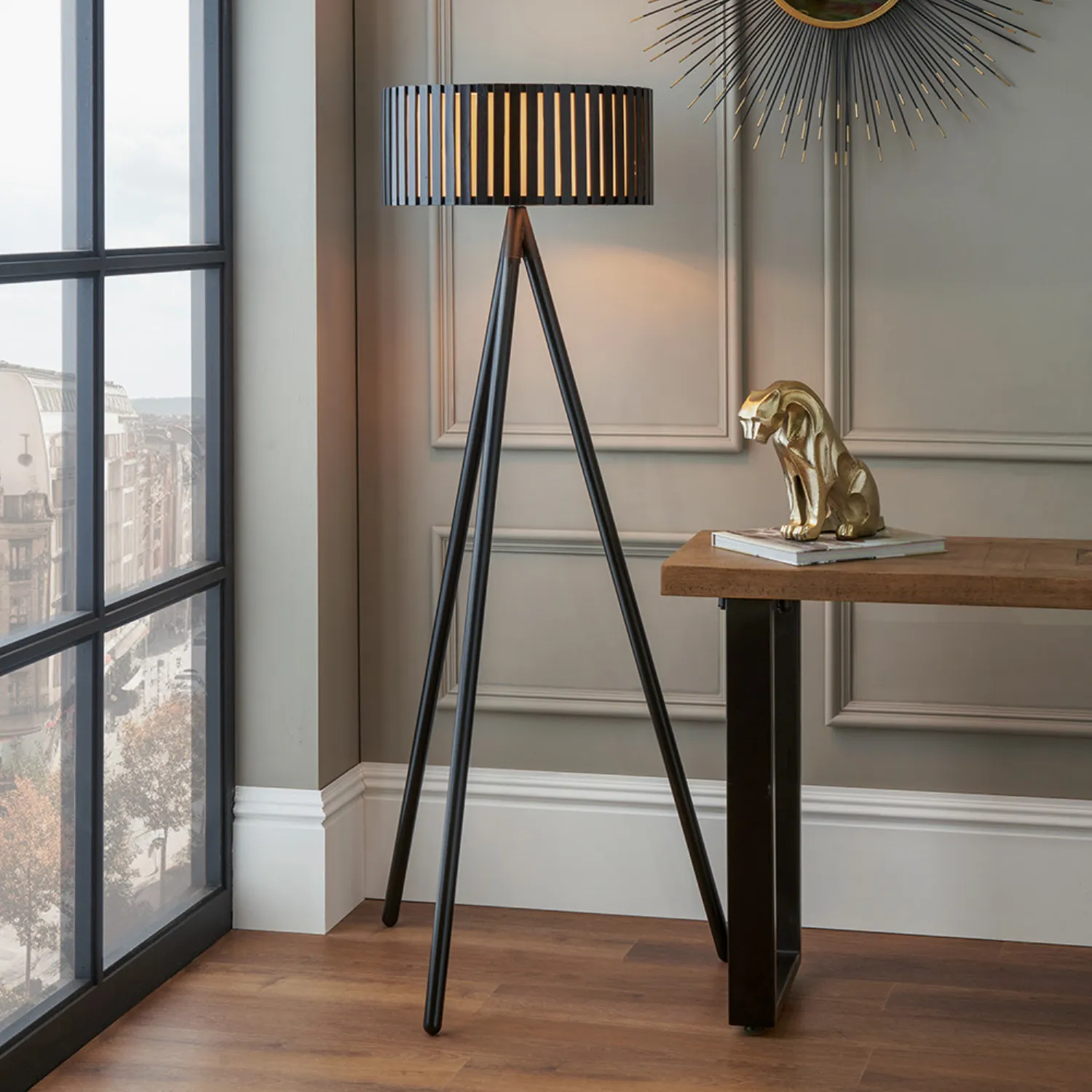 Black Wooden Slatted Modern Tripod Designed Round Floor Lamp