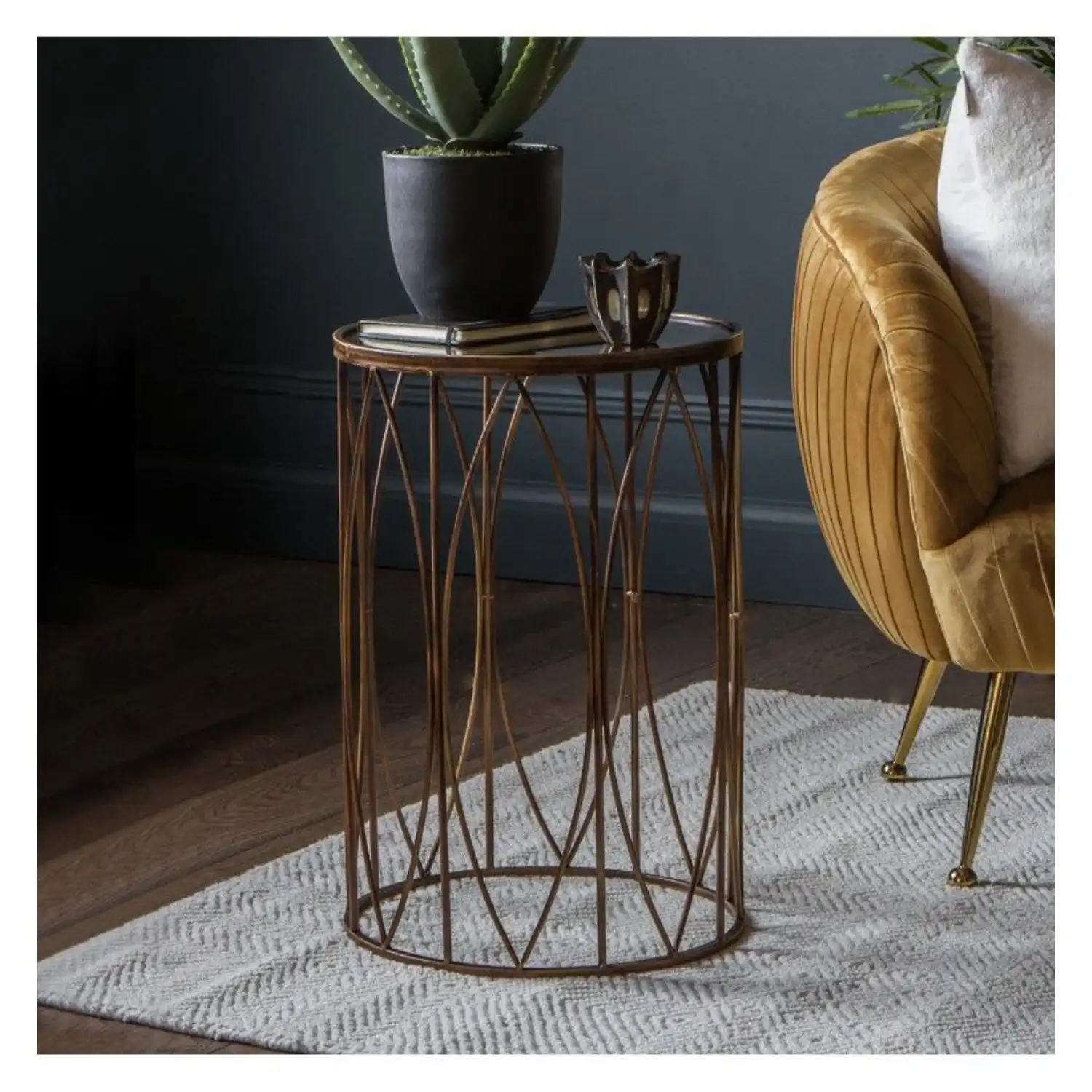 Bronze Metal Round Side Lamp Table Bevelled Clear Glass Top