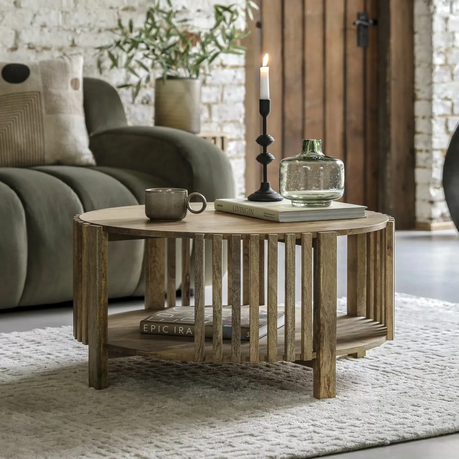 Slatted Wood 80cm Round Coffee Table in Japandi Style
