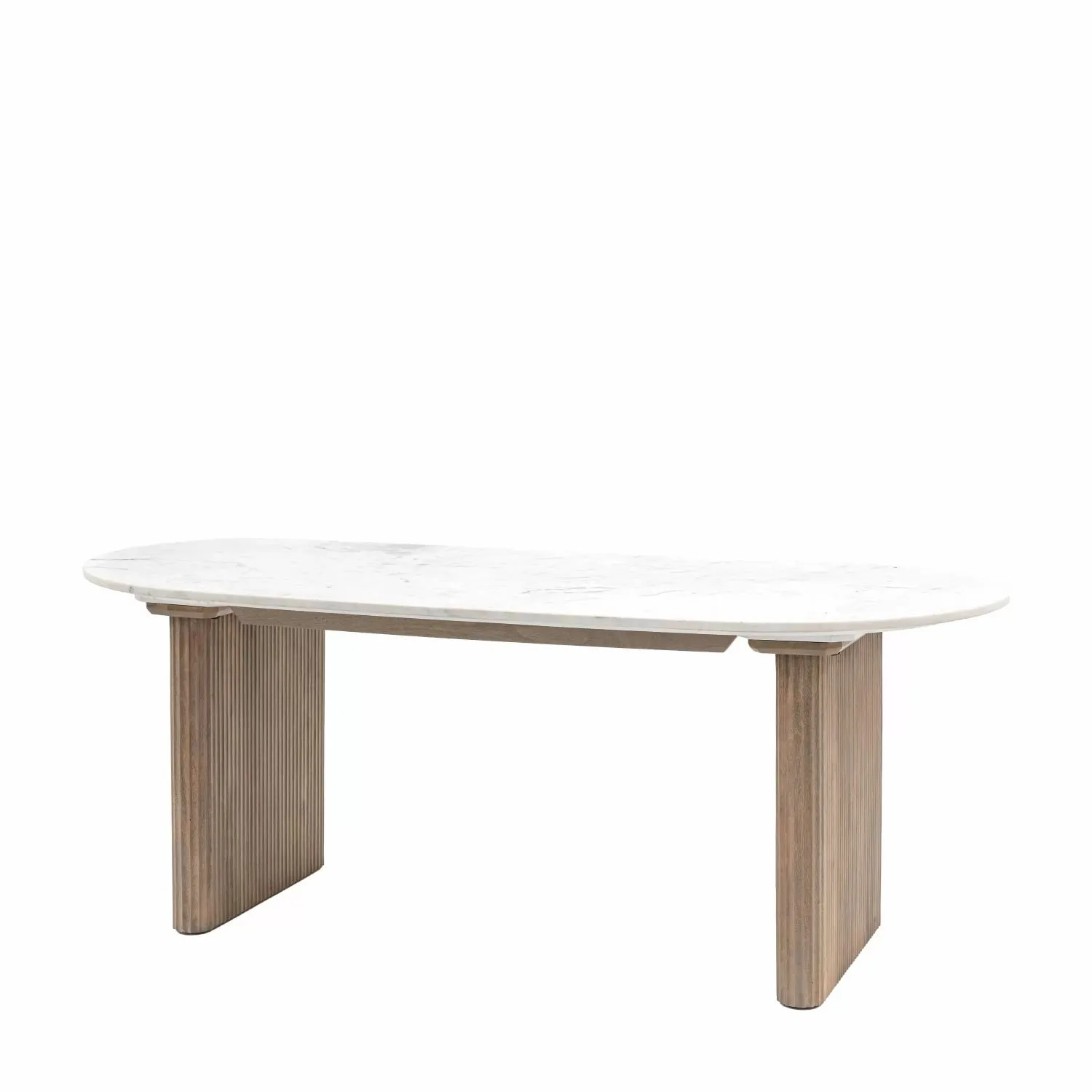 White Carrera Marble Top Oval Dining Table Wooden Ribbed Legs