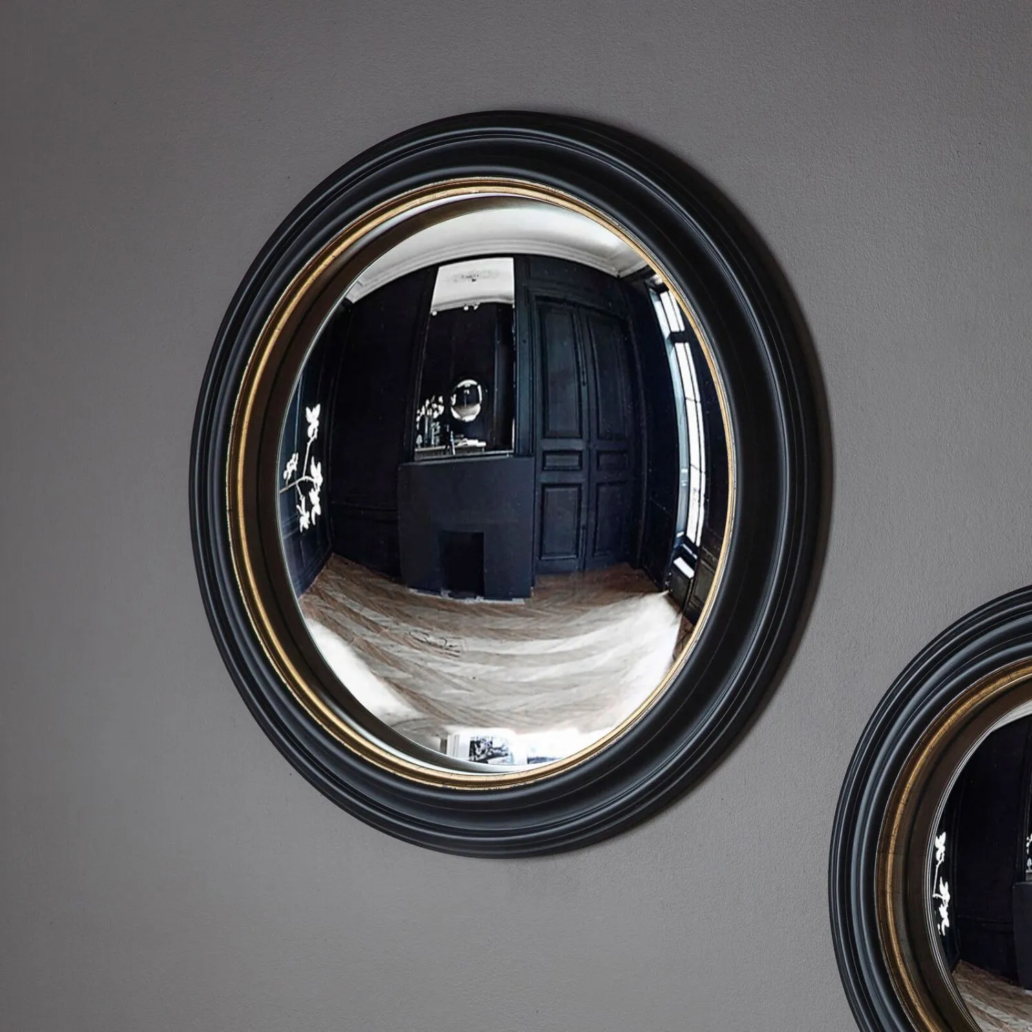 Round Black and Gold Convex Porthole Fisheye Wall Mirror