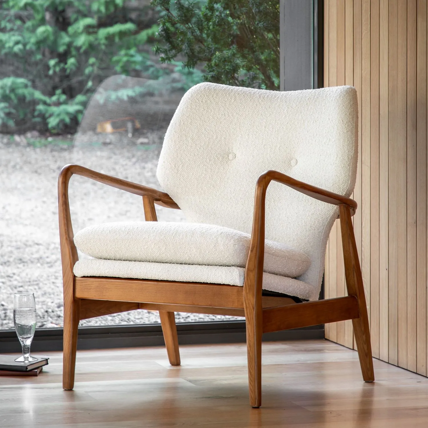 Cream Natural Linen Fabric Buttoned Armchair Dark Wood Frame
