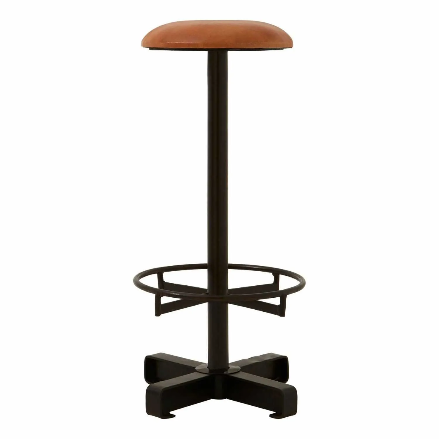 Light Brown Leather Bar Stool On Iron Stand Latticed Footrest