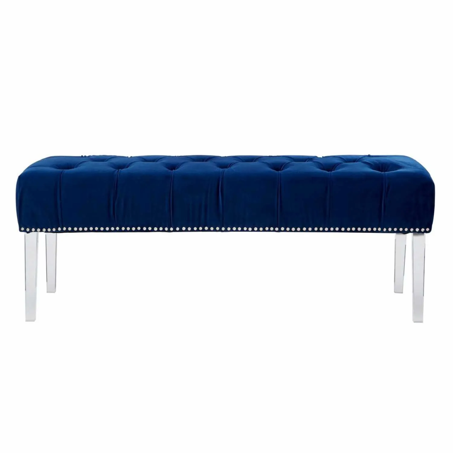 Blue Button Tufted Velvet Fabric Bench With Acrylic Legs