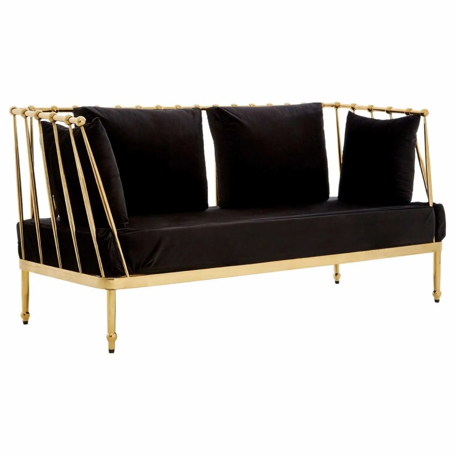 2 Seater Black Fabric Upholstered Gold Finish Tapered Arms Sofa