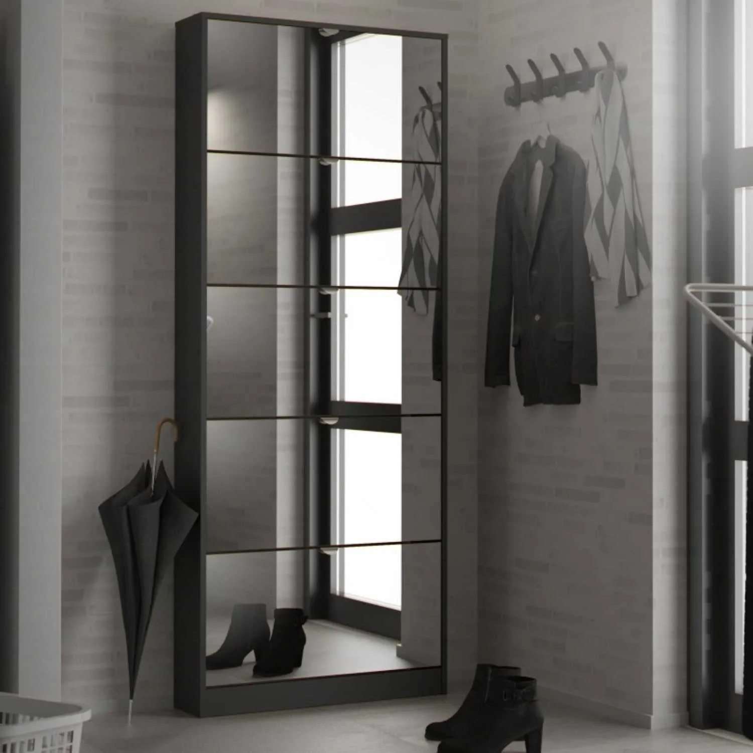 Black Shoe Storage Cabinet with 5 Mirrored Glass Tilting Doors