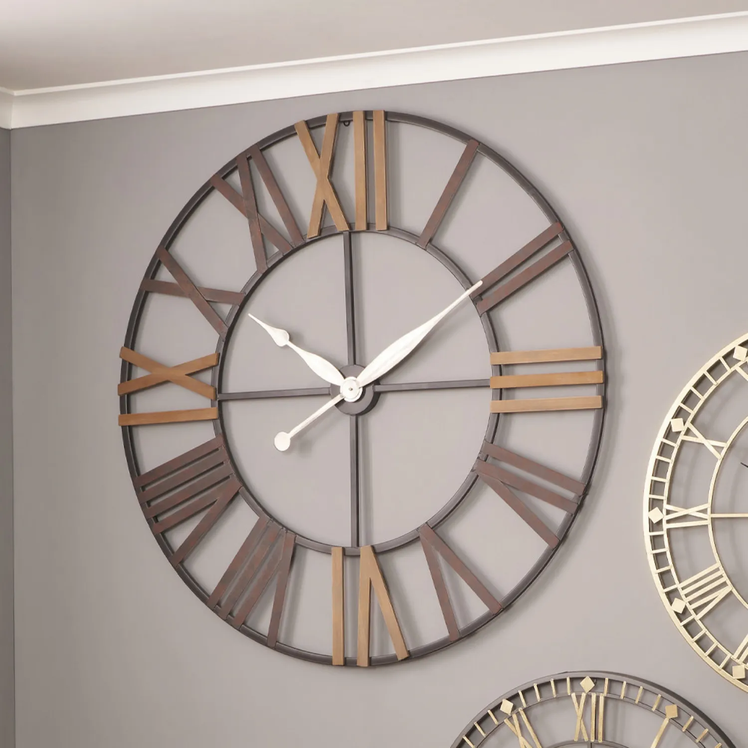 Large 120cm Round Antique Grey Metal and Wood Wall Clock