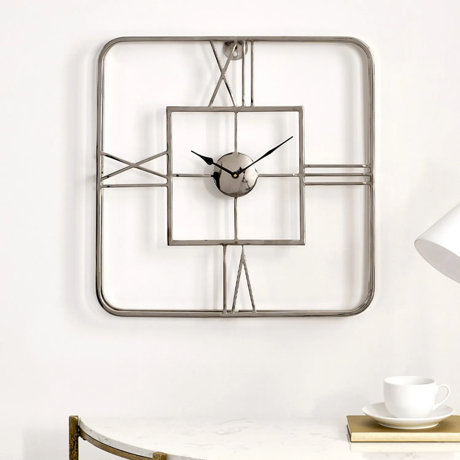 Retro Silver Metal Double Framed Square Wall Clock