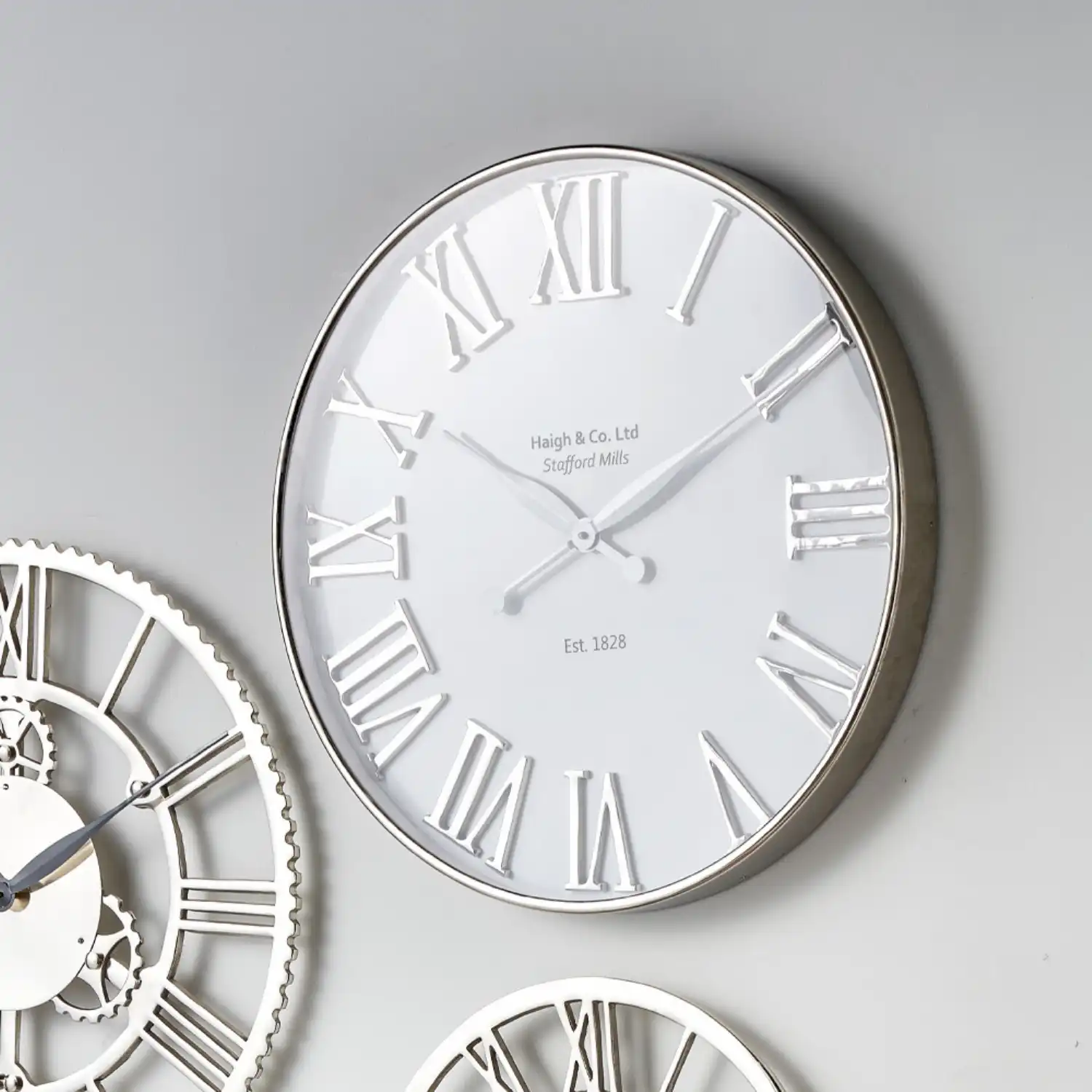 Silver and White Metal Round 61cm Wall Clock Roman Numerals