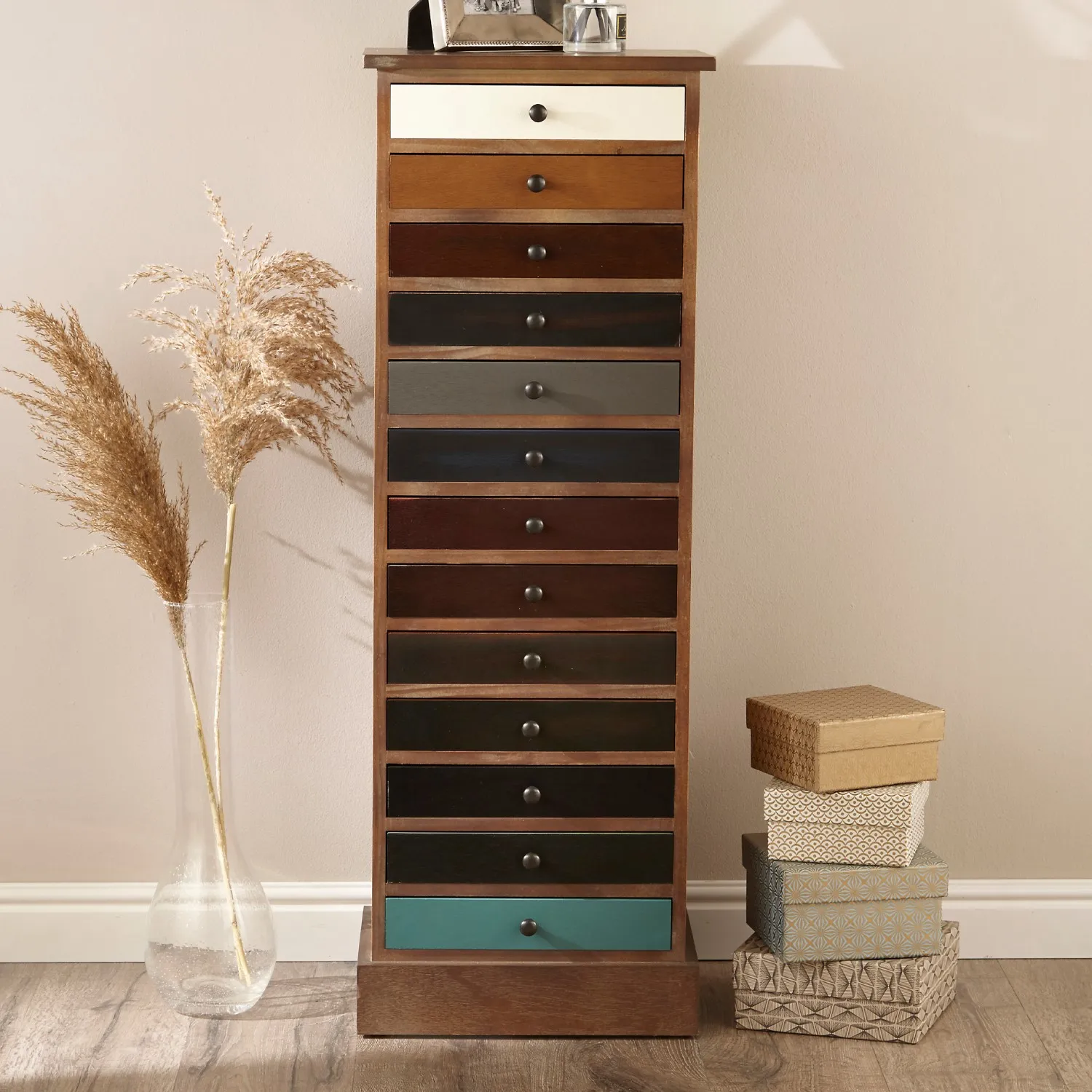 Pine Tall Slim Multicoloured Tallboy Chest of 13 Drawers