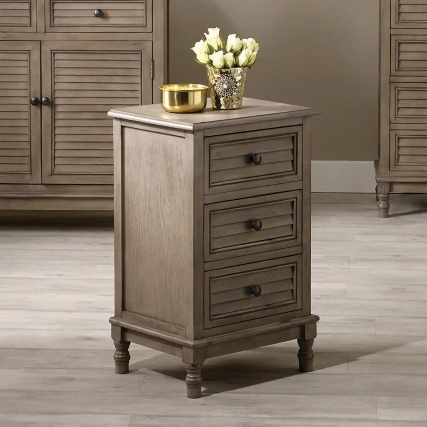 Taupe Pine Wood 3 Drawer Louvered Bedside