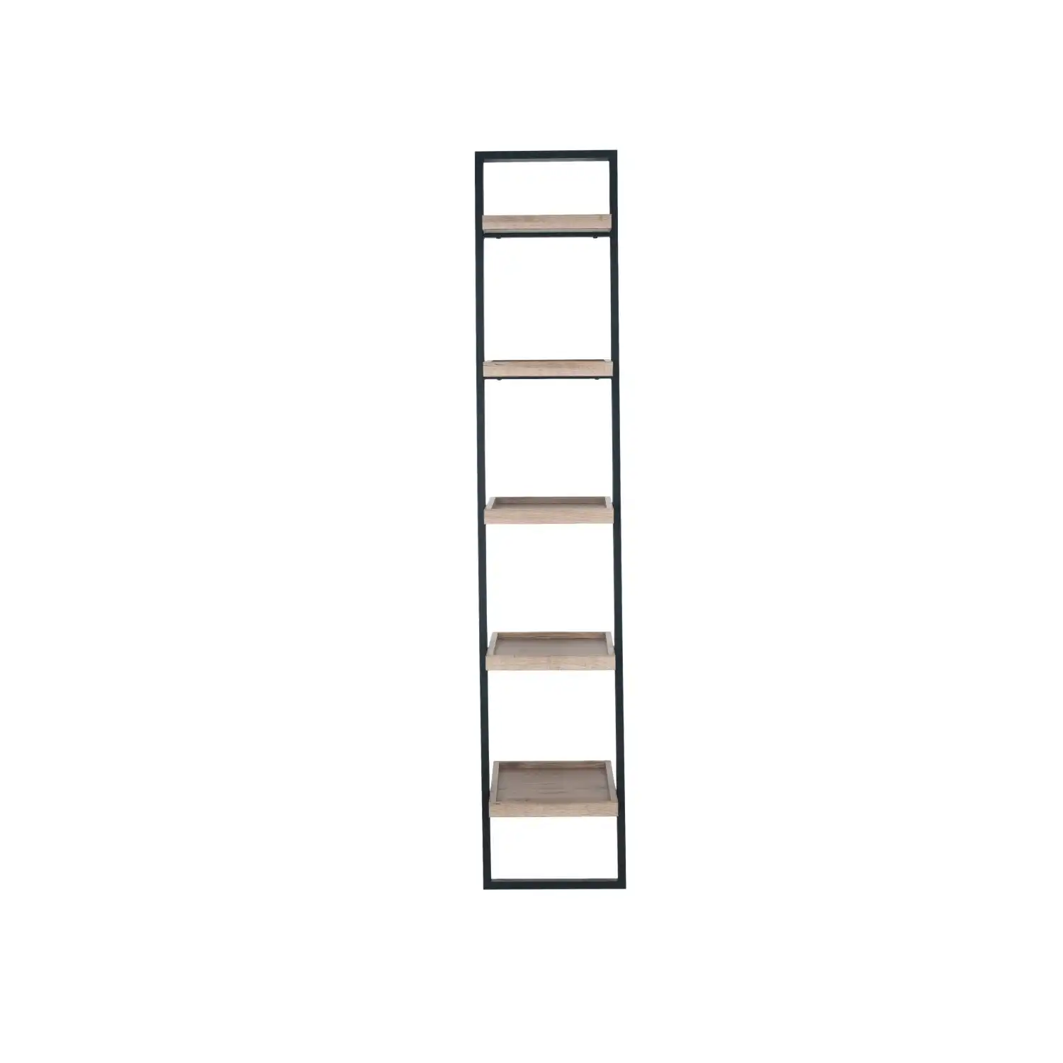 Black Wood and Metal Tall Narrow Bookcase Shelf Unit