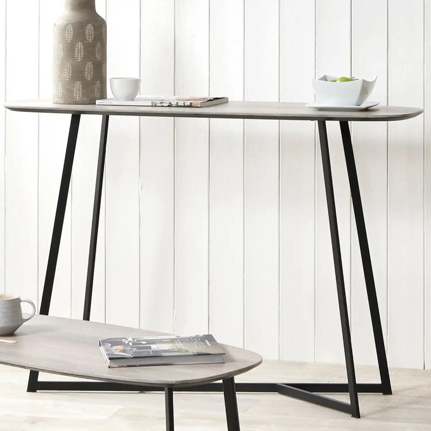 Scandi Style Grey Oak Wood Console Table with Metal Legs