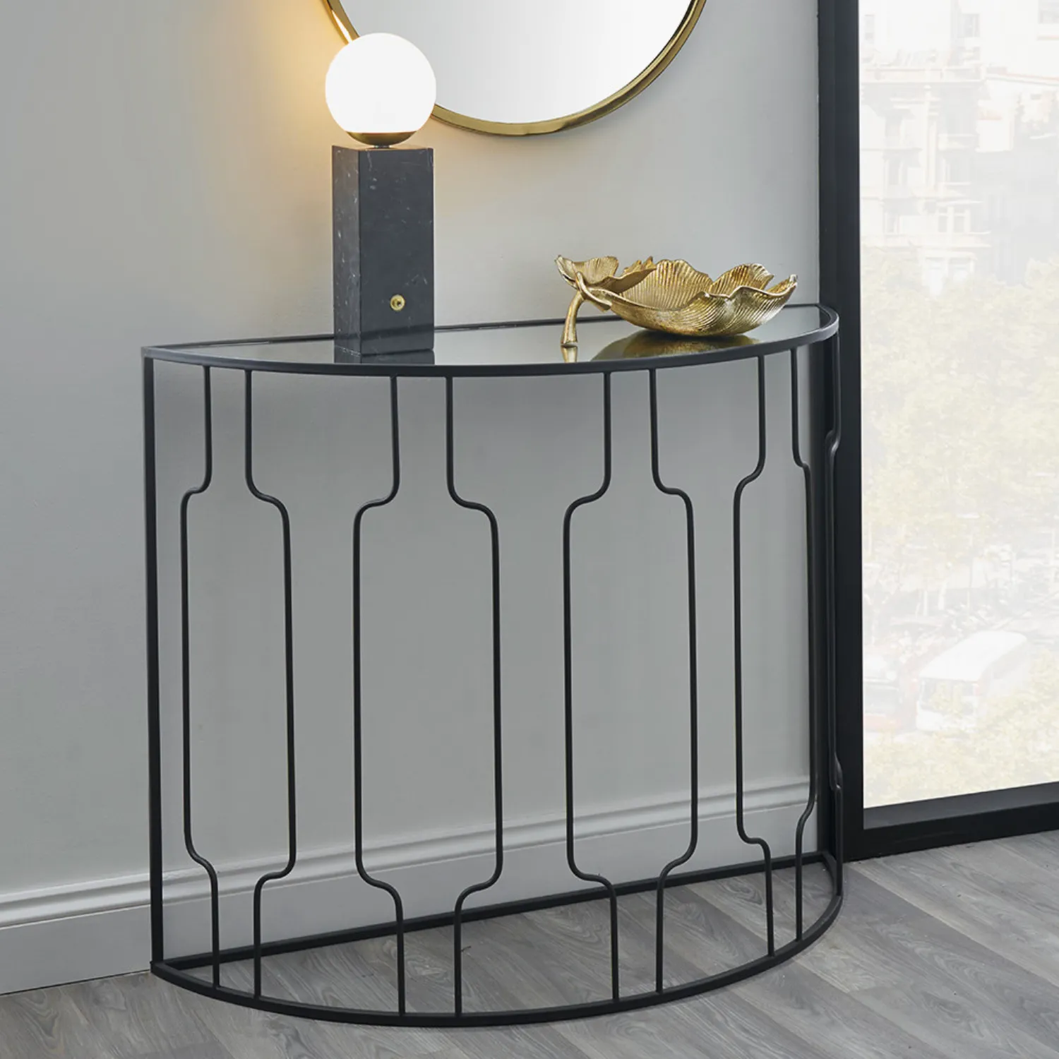Black Metal Mirrored Glass Half Moon Console Table
