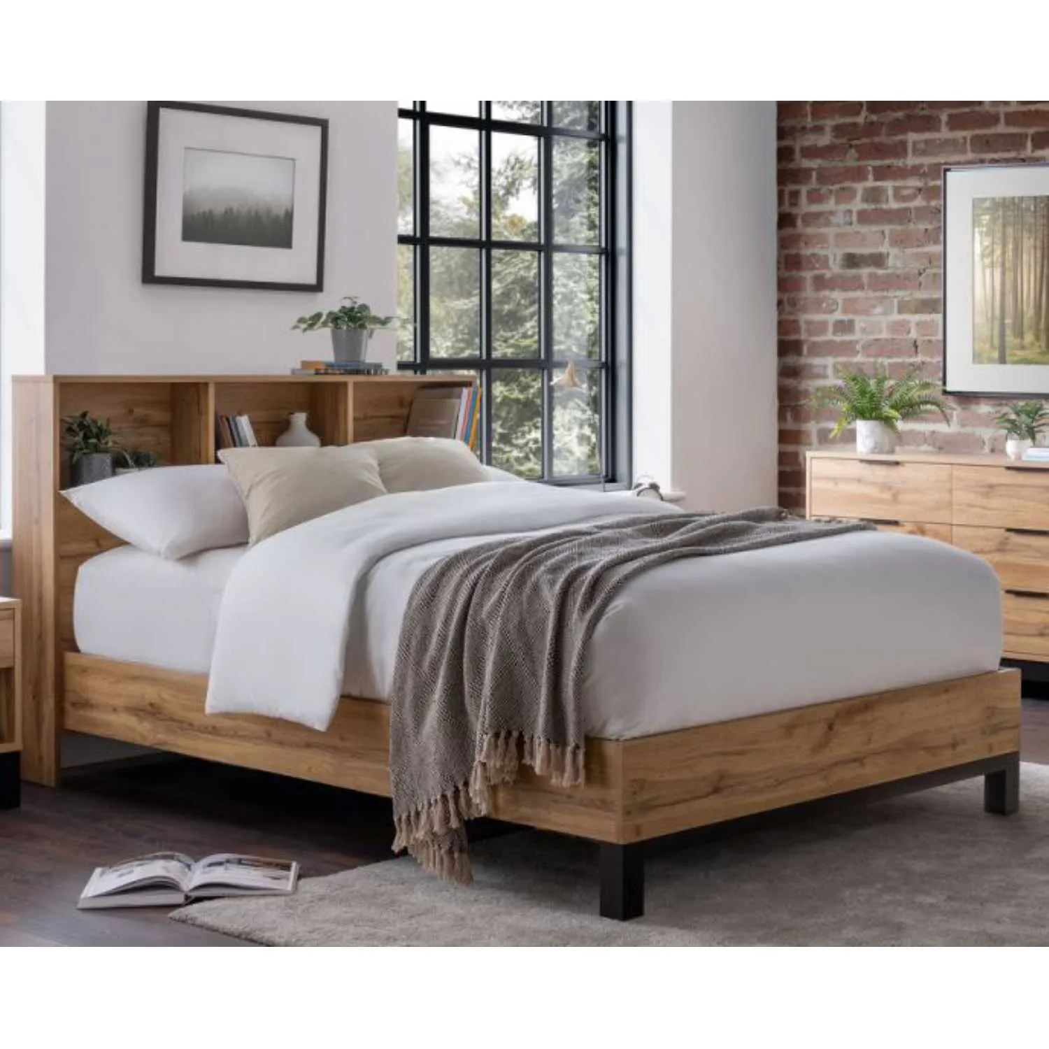 Oak 5ft King Sized 150cm Low Foot End Bed with Bookcase Headboard