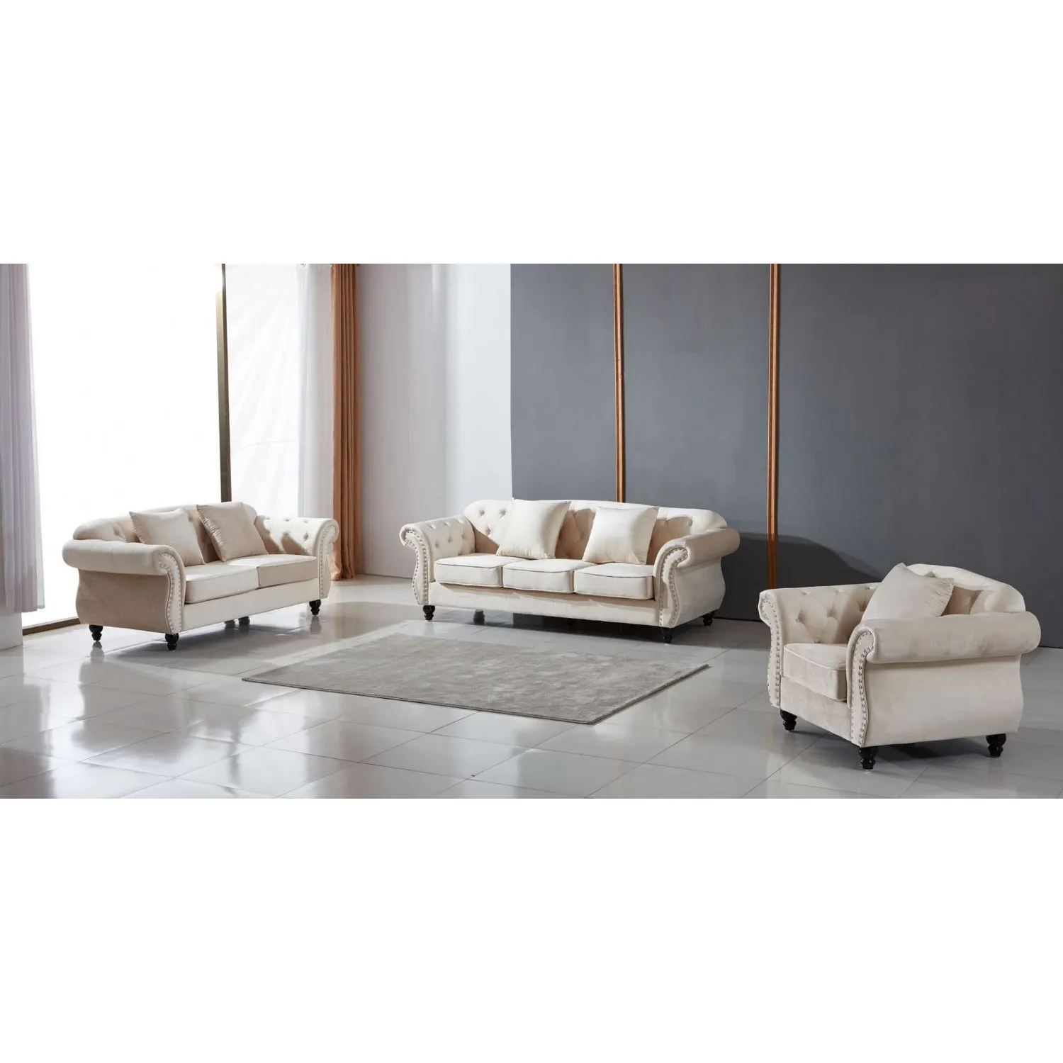 Arabella Sofa Suite In Plush Velvet Beige 3 + 2 + 1 Seater