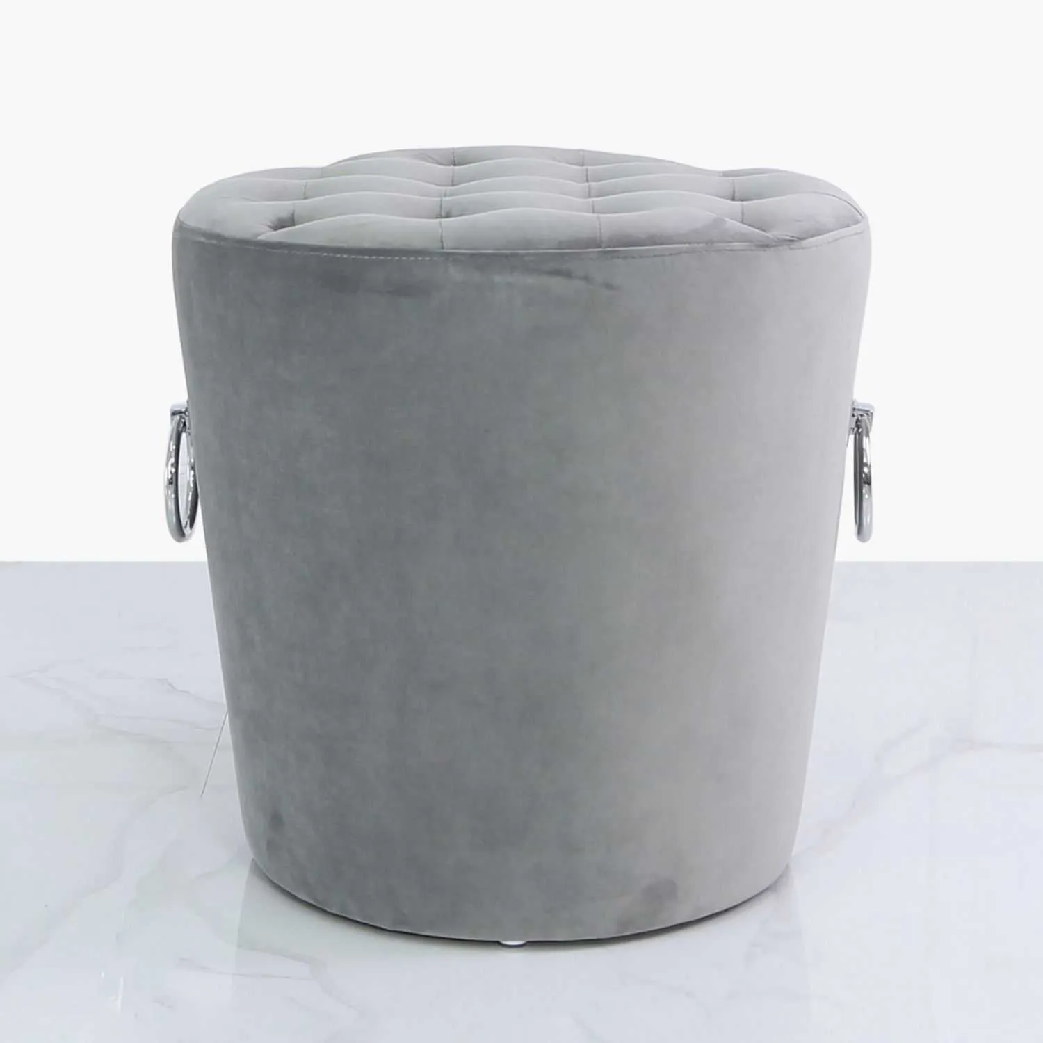 Round Velvet Stool With Buttons And Rings Grey
