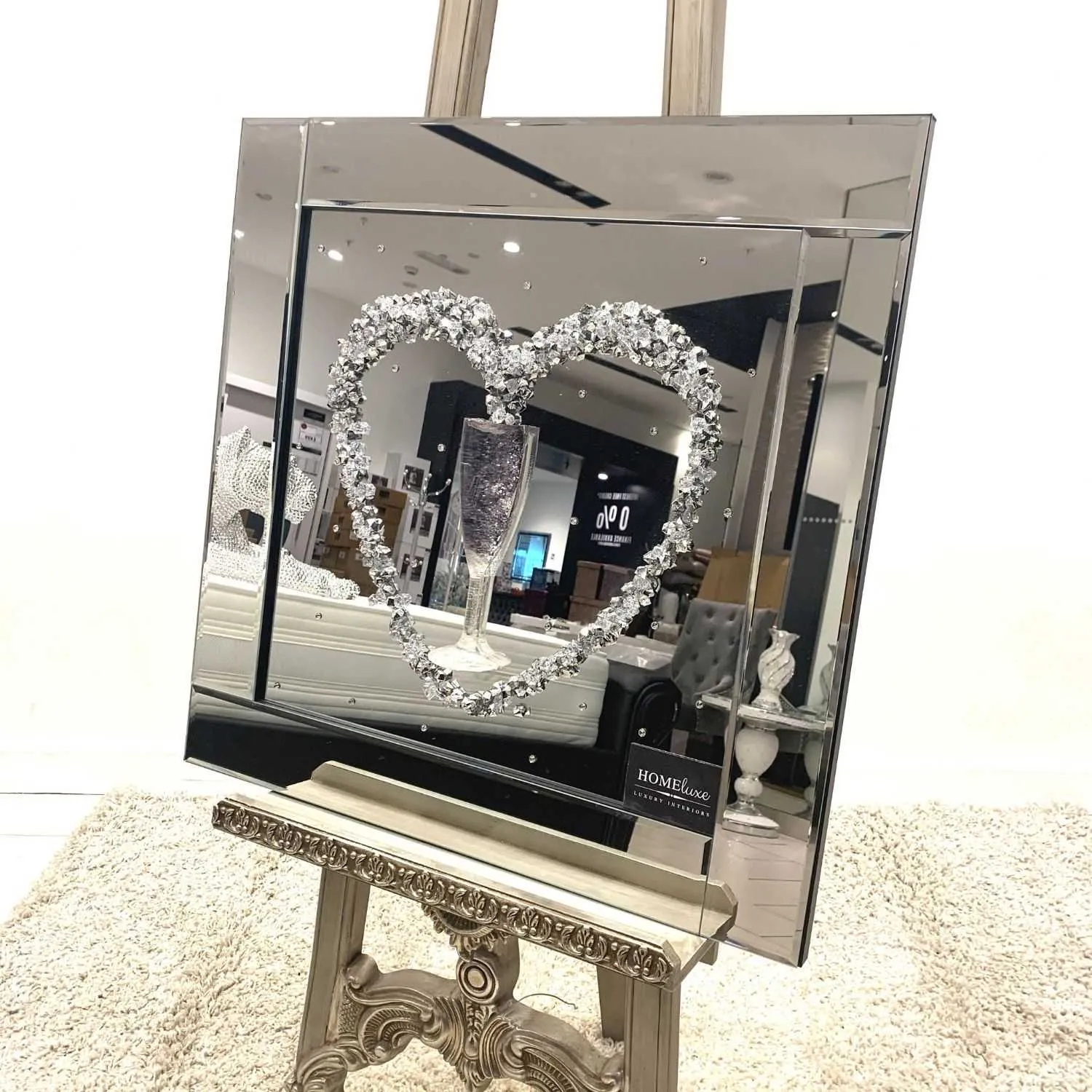 3D Heart Champagne Crystal Glitter Wall Art Mirror