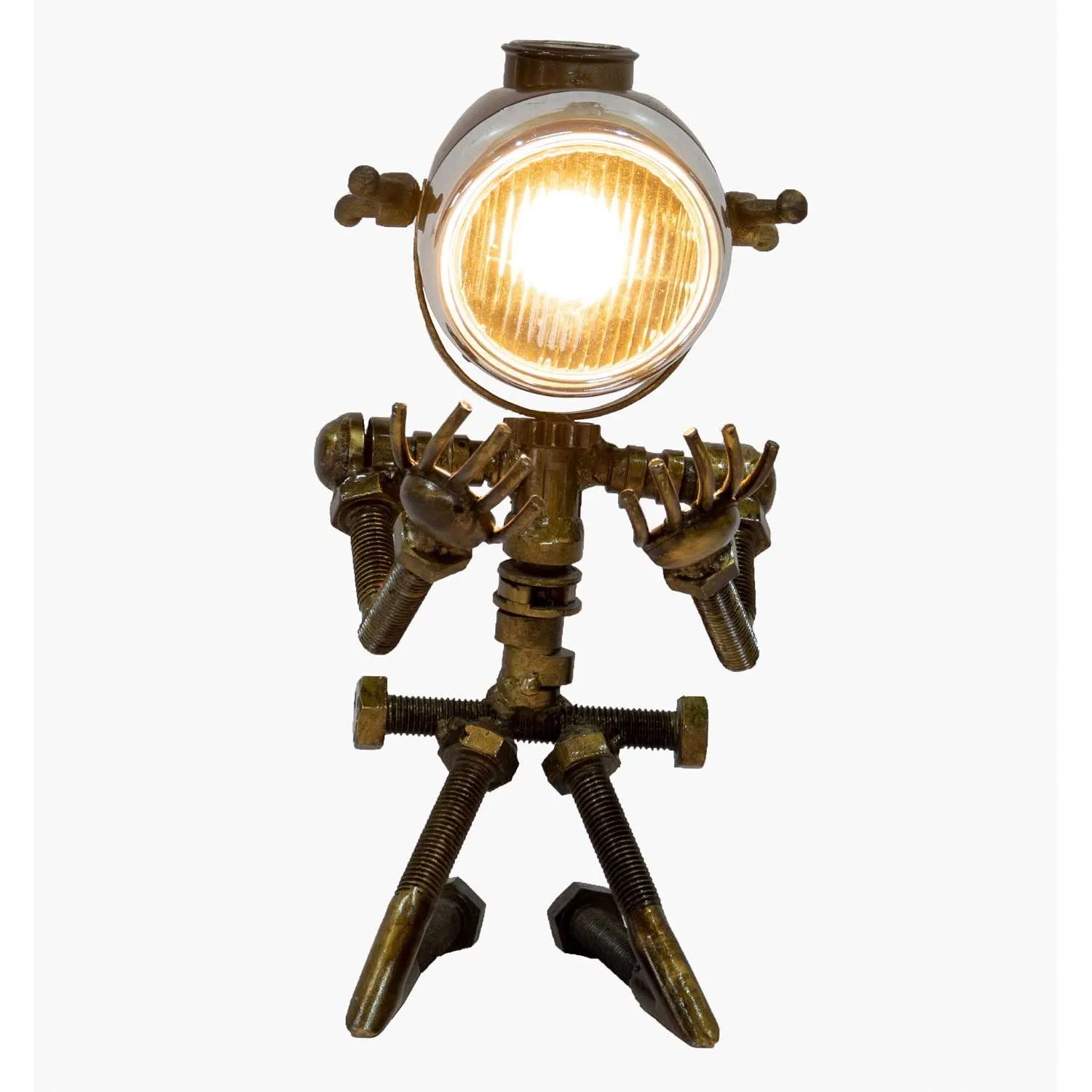 Upcycled Lighting And Furniture Reclaimed Parts Robot Table Lamp Down On His Knees
