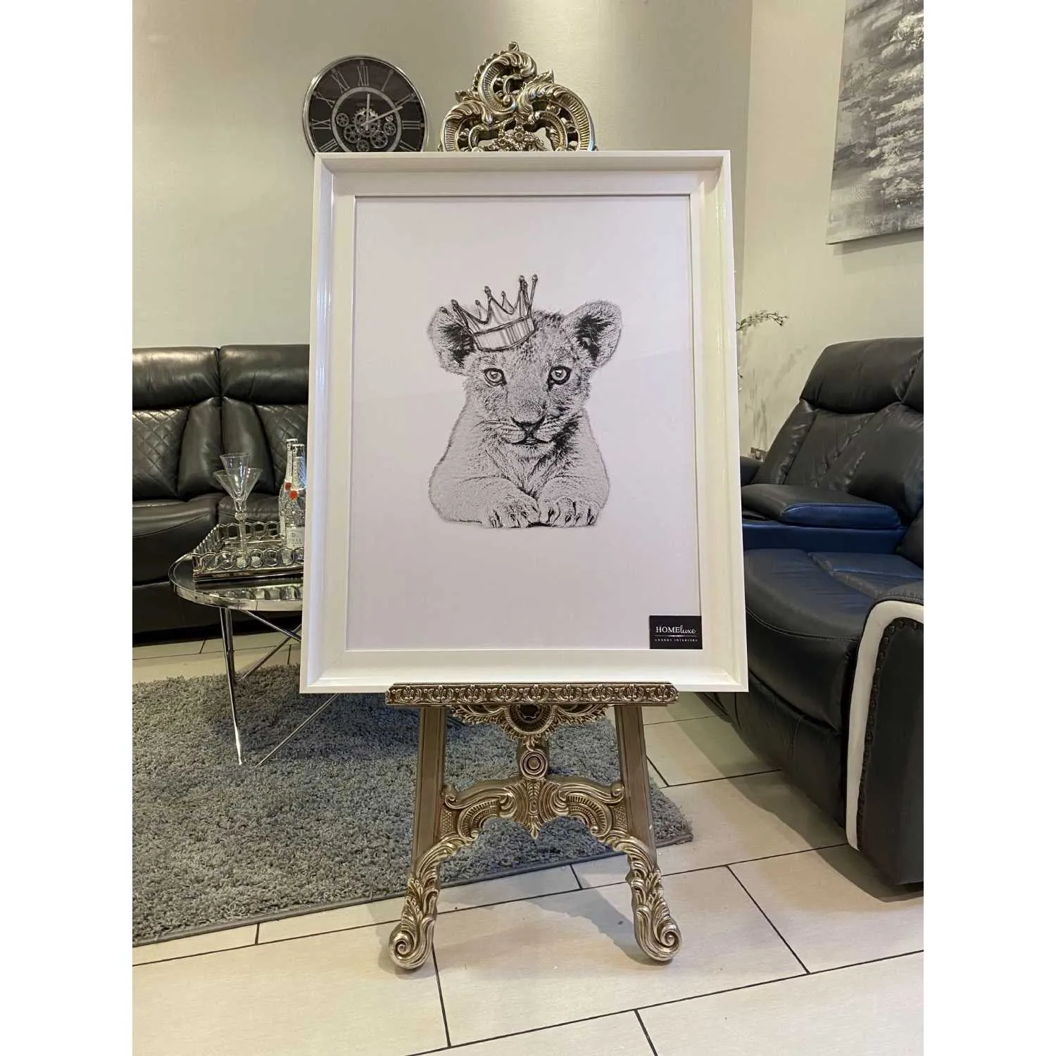 Lion Cub King Crown White Wall Art With White Frame