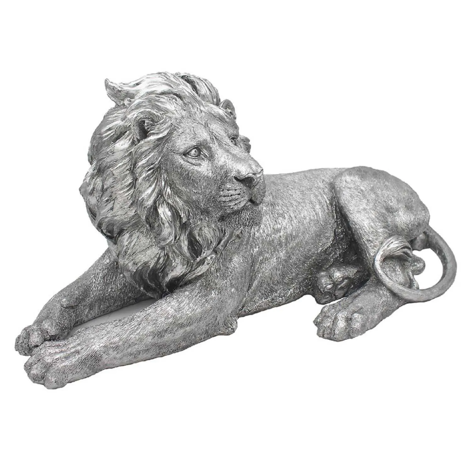 Silver Art Laying Lion Statue In Silver