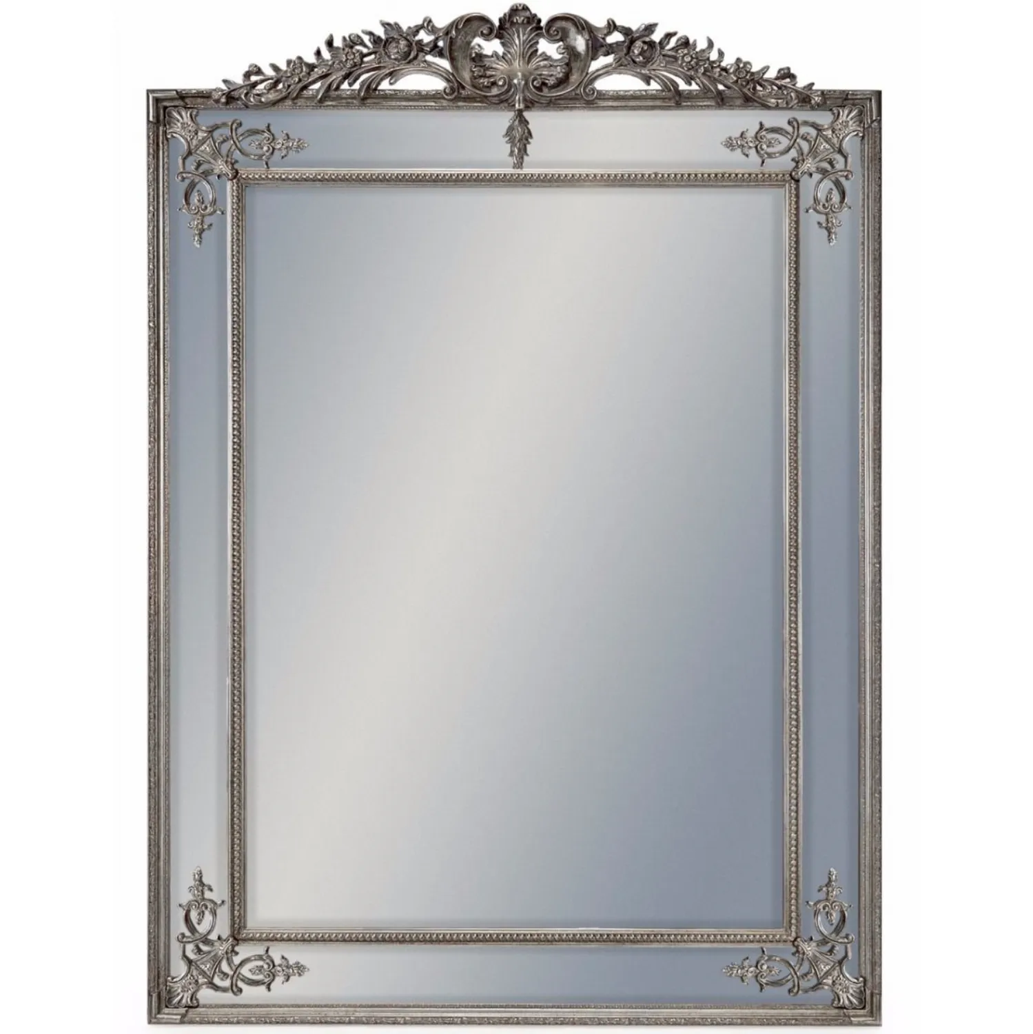 Silver Ornate Rectangular Wall Mirror with Crest Top