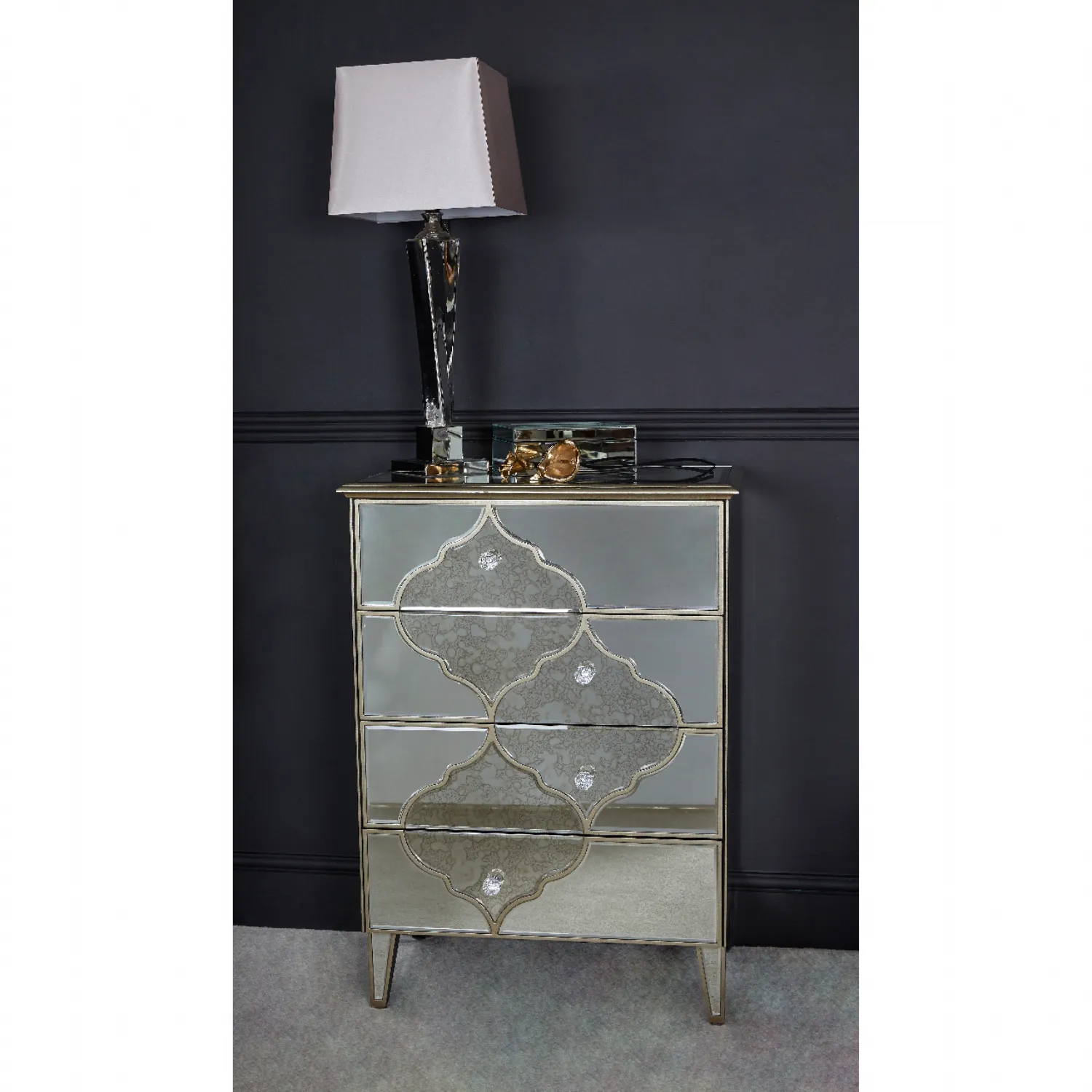 Gold Trim Mirrored Glass Chest of 4 Drawers