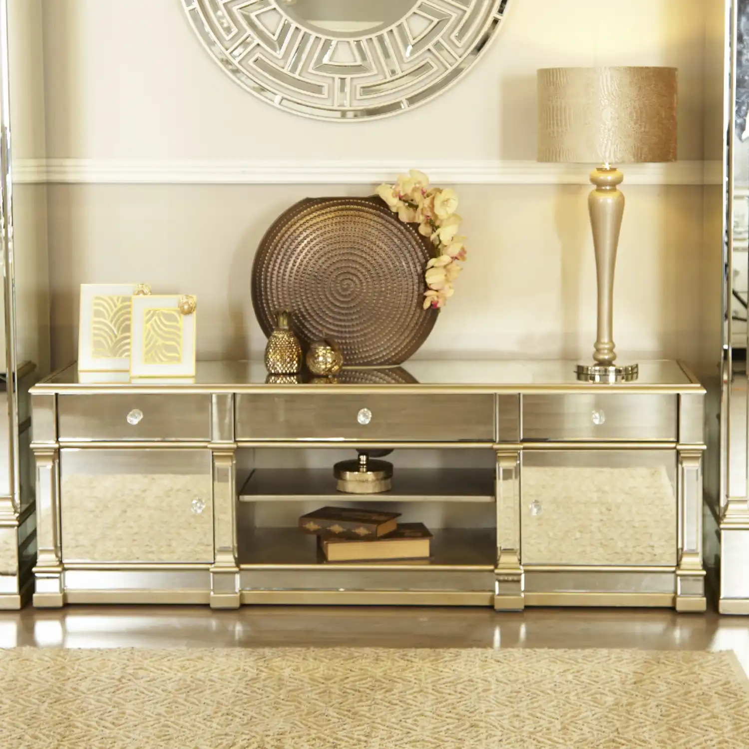 Large Champagne Gold Mirrored Glass TV Unit 130cm Wide