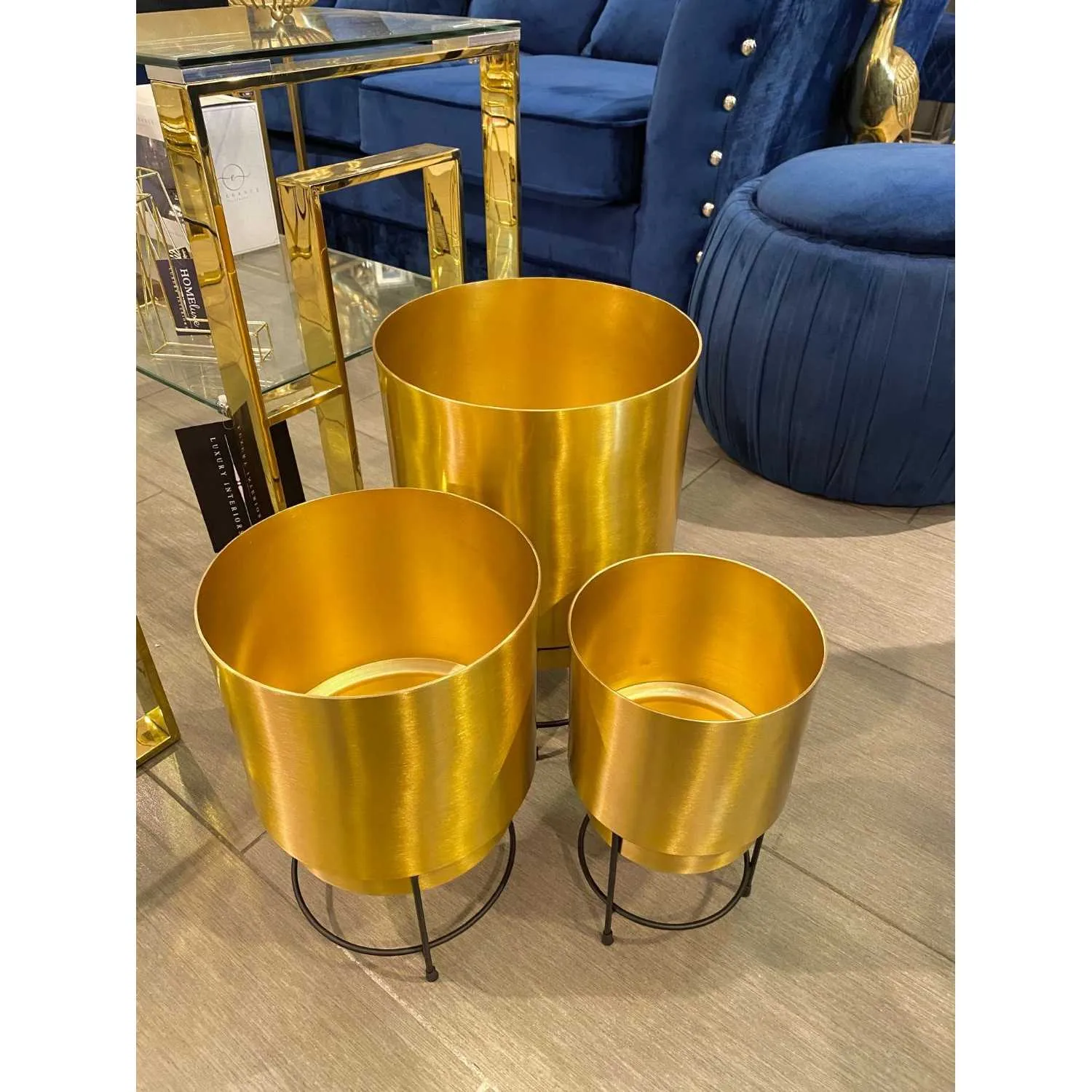 Set Of 3 Gold Planters With Black Stands