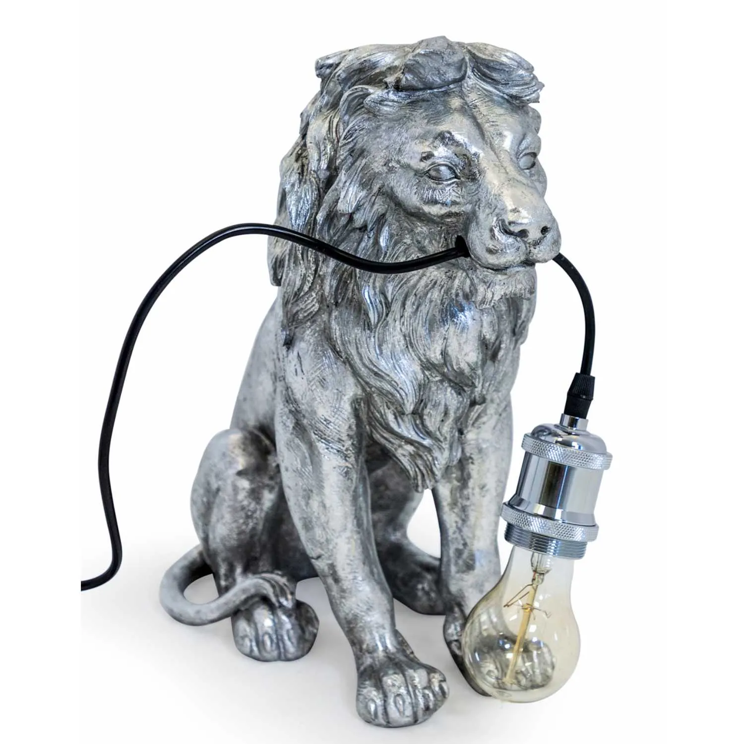 Antique Silver Sitting Lion Table Lamp